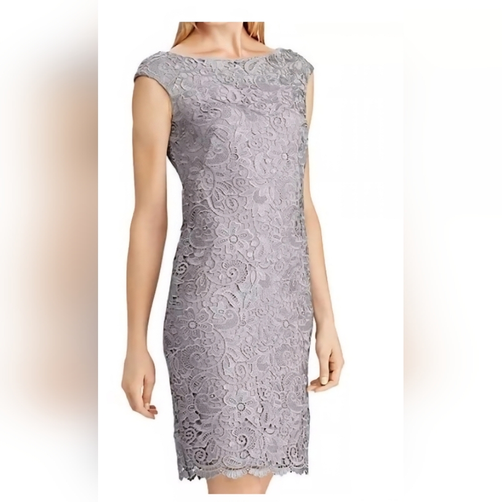 Ralph Lauren Grey Lace Cap-Sleeve Sheath Dress - Size 16